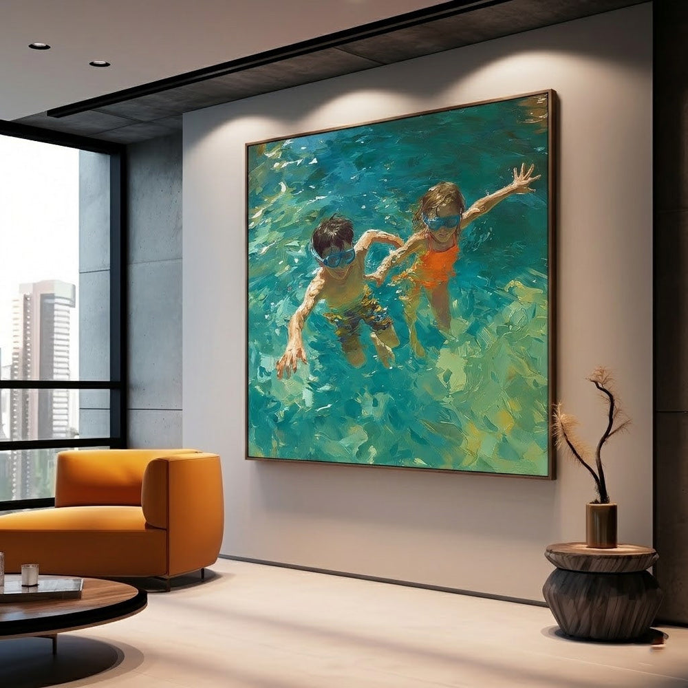 Vibrant Kids Swimming Oil Painting For Modern Family Living Room Decor