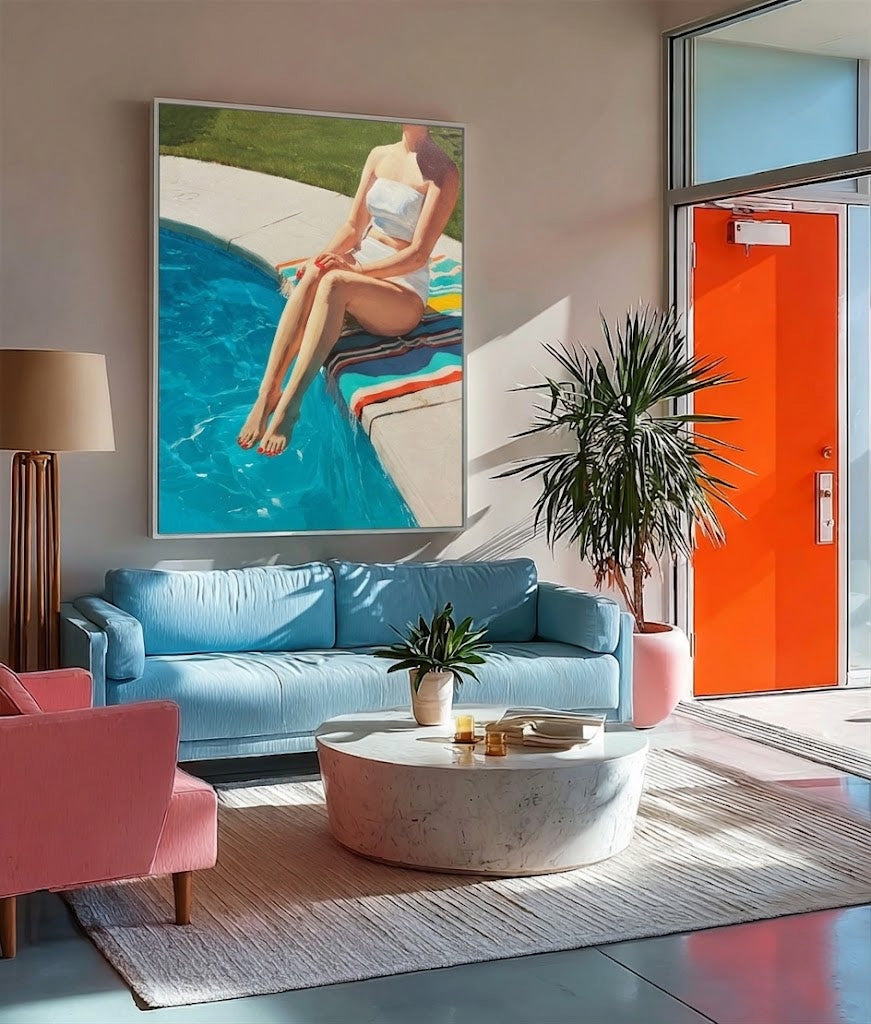 Poolside Figure Painting For Modern Home Decor With Vibrant Blue Tones