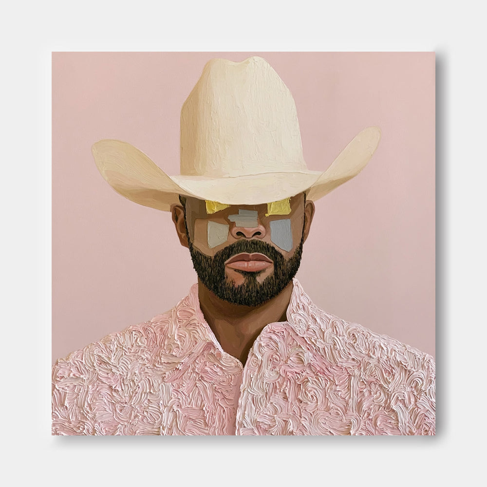 Modern Cowboy Portrait Pink Textured Canvas Art For Living Room Decor