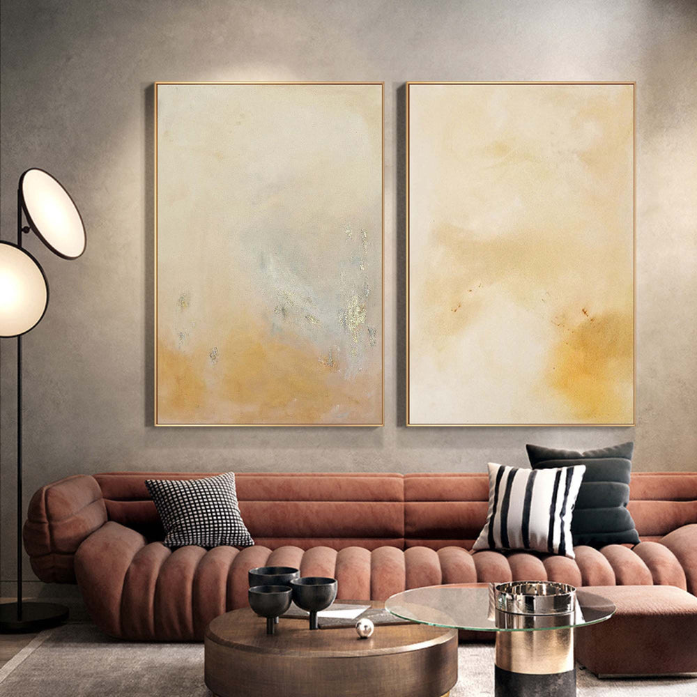 Set of 2 Yellow Minimalist Abstract Oil Paintings Contemporary Canvas Wall Art For Living Room