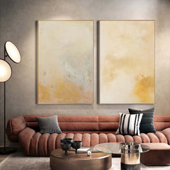 Set of 2 Yellow Minimalist Abstract Oil Paintings Contemporary Canvas Wall Art For Living Room