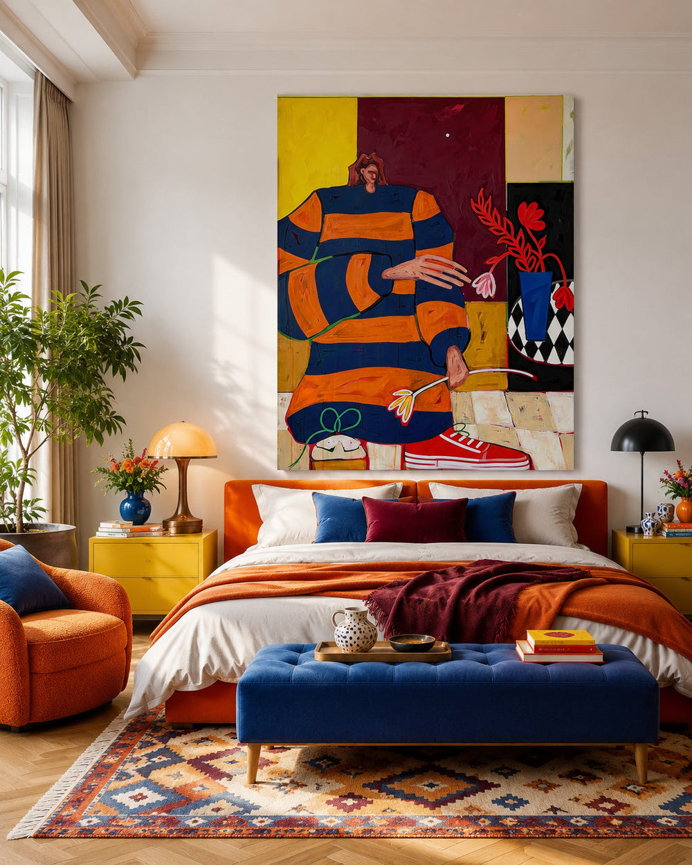 Quirky Modern Portrait Painting With Bold Colors For Living Room Wall Art Decor