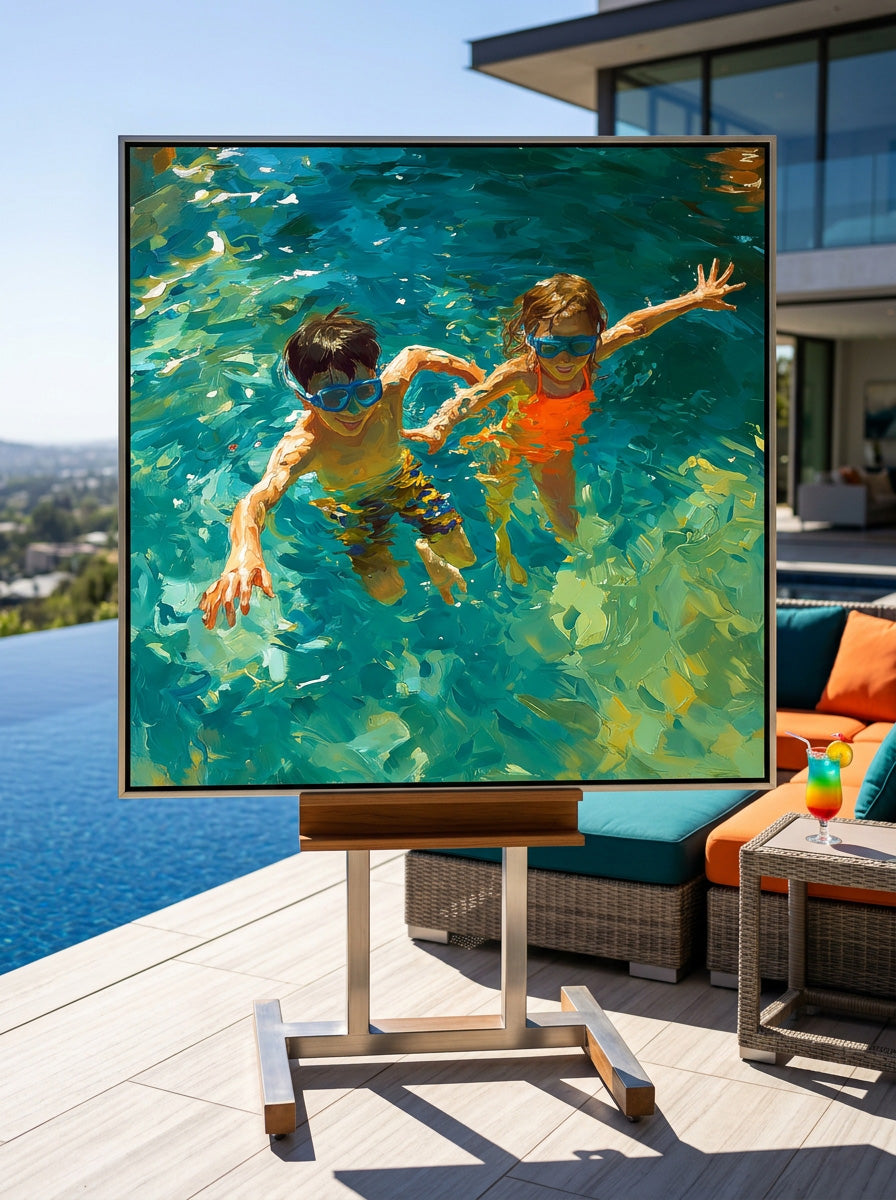 Vibrant Kids Swimming Oil Painting For Modern Family Living Room Decor