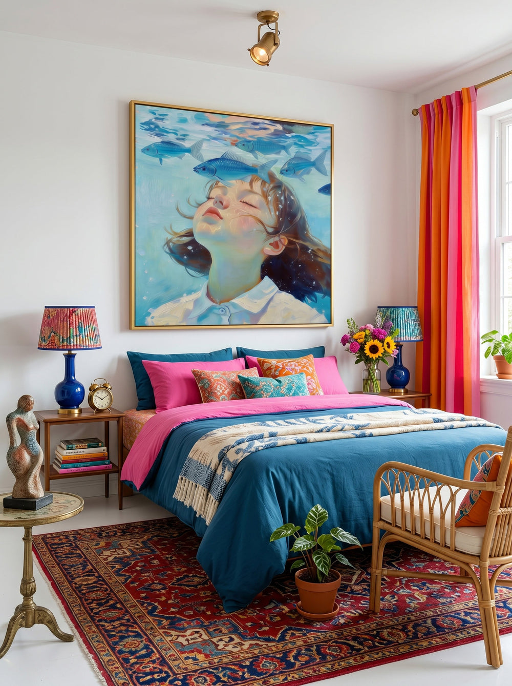 Hand Painted Square Canvas Art Girl Swimming With Fish Contemporary Interior Design