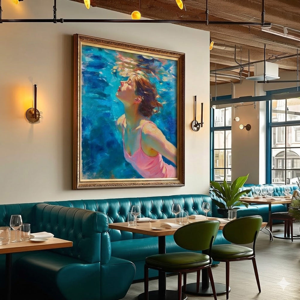 Underwater Woman Portrait Painting In Impressionist Style With Blue And Pink Tones