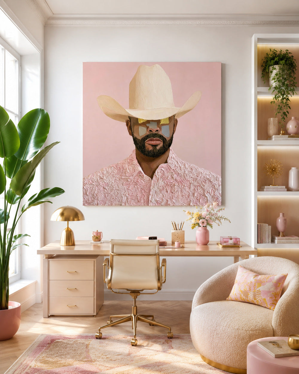 Modern Cowboy Portrait Pink Textured Canvas Art For Living Room Decor