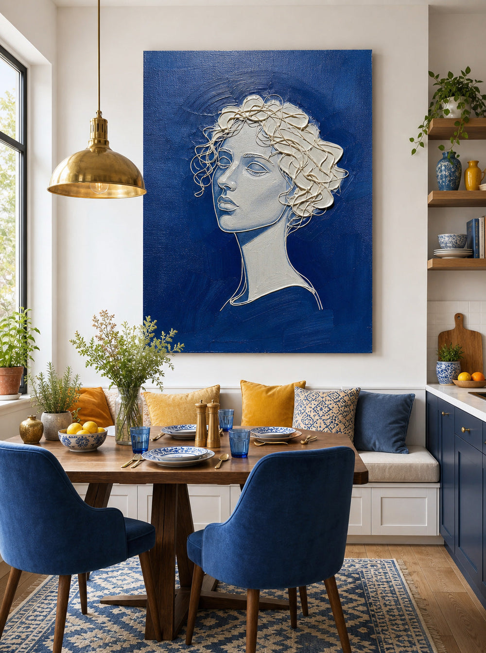 Modern Blue And Gold Line Art Portrait Painting For Living Room Decor