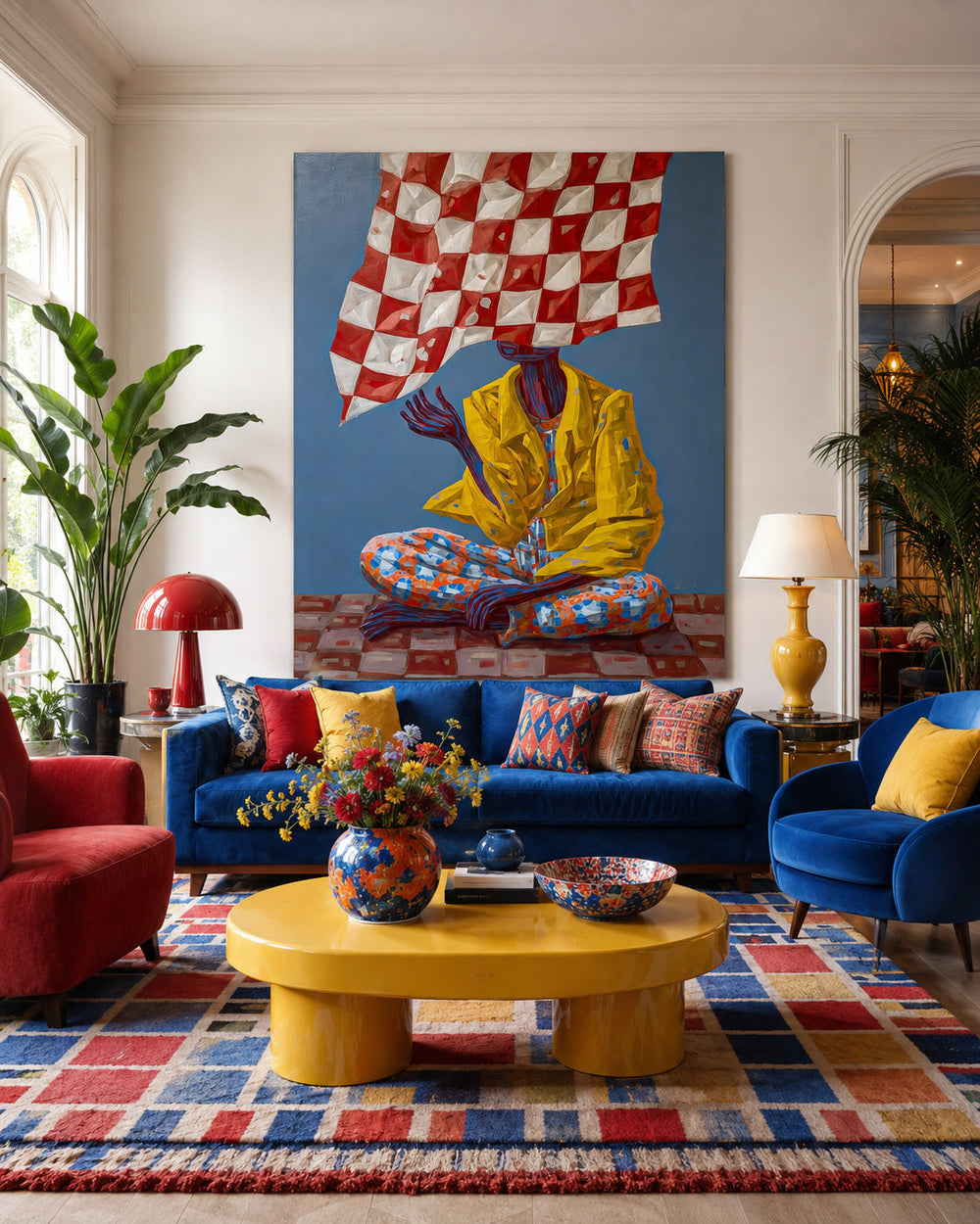 Original Surrealist People Painting With Bold Colors And Abstract Patterns For Modern Wall Art