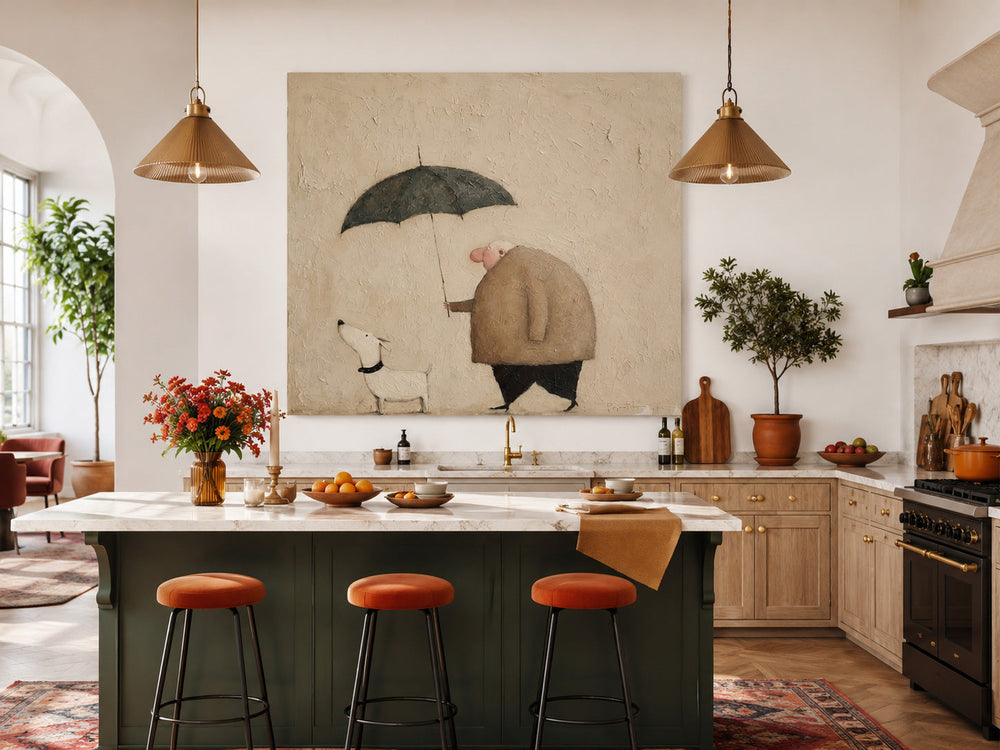 Whimsical Square Canvas Art Cute Man And Pet Under Umbrella For Living Room