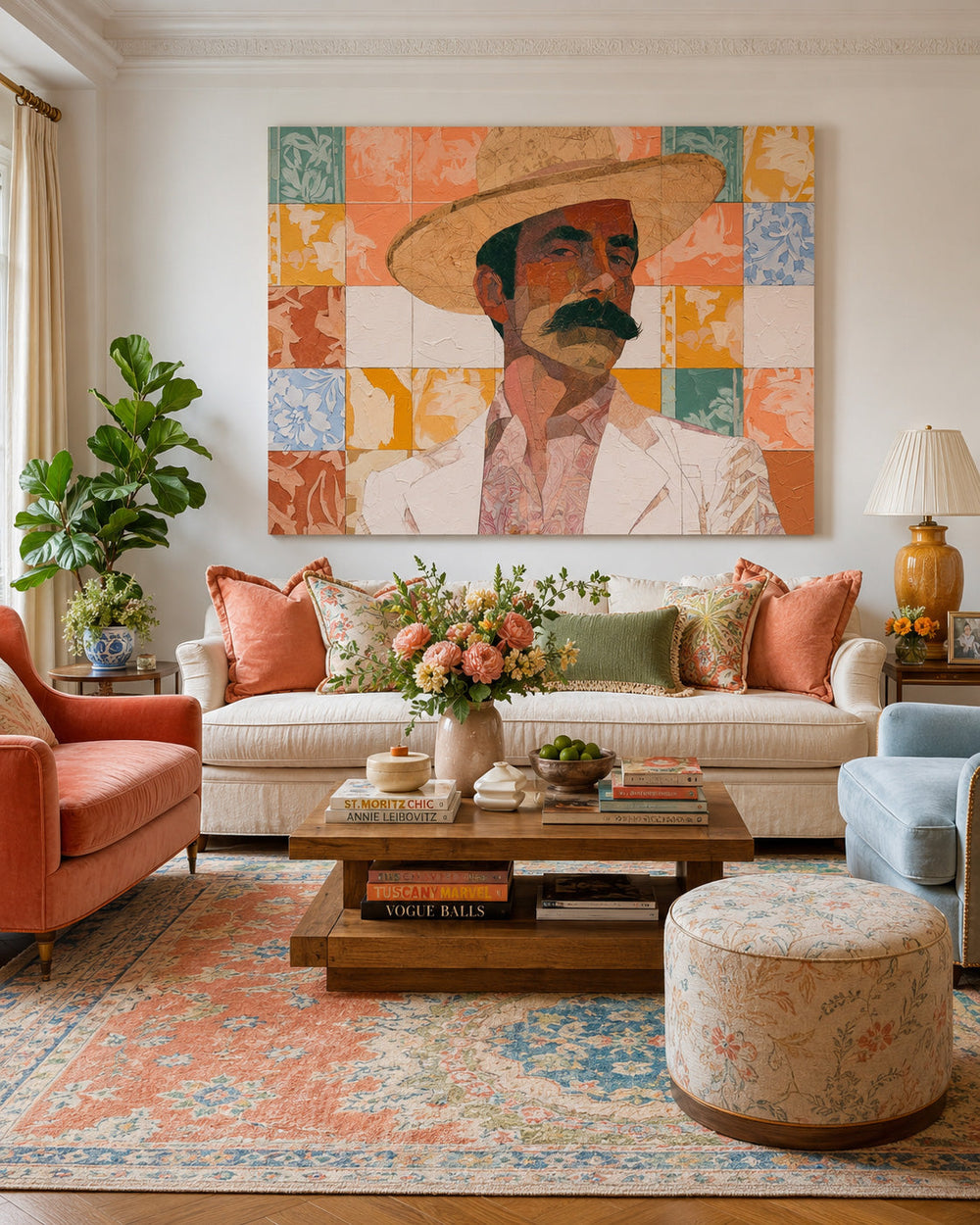 Vintage Cowboy Portrait Art With Floral Tile Background For Living Room Decor