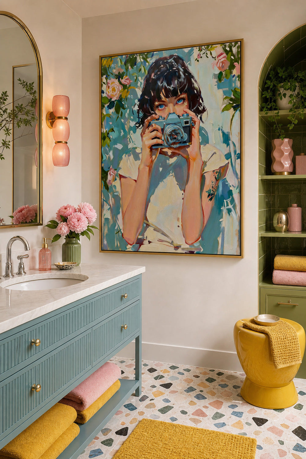 Hand Painted Acrylic And Oil Canvas Of Girl Holding Vintage Camera