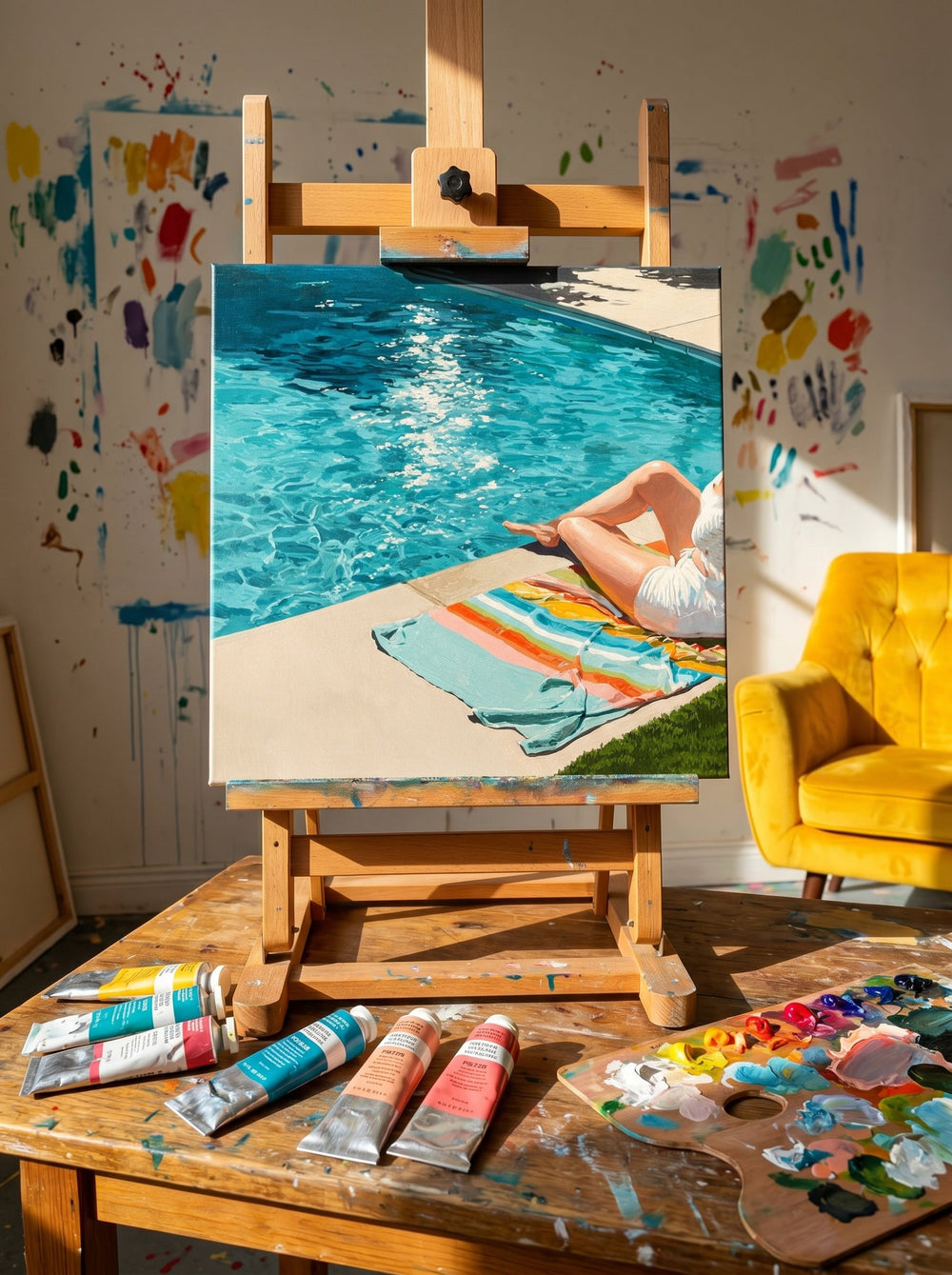 Original Poolside Oil Painting For Modern Living Room Summer Vibes