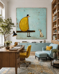 Retro Modern Square Art Print Featuring Stylized Figure And Pet In Yellow And Blue