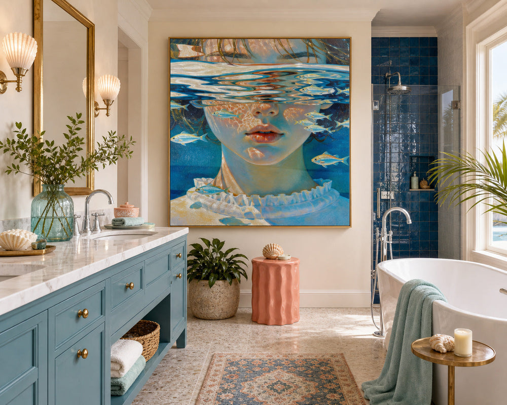Surreal Underwater Girl Portrait With Fish Blue And White Square Canvas Oil Painting For Modern Home Decor