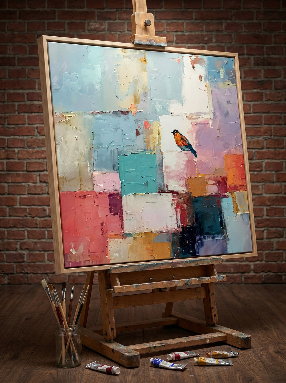 Modern Geometric Bird Painting With Colorful Blocks For Living Room Decor
