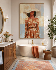 Elegant Female Portrait Painting With Floral Dress And Wide Brimmed Hat For Living Room Decor
