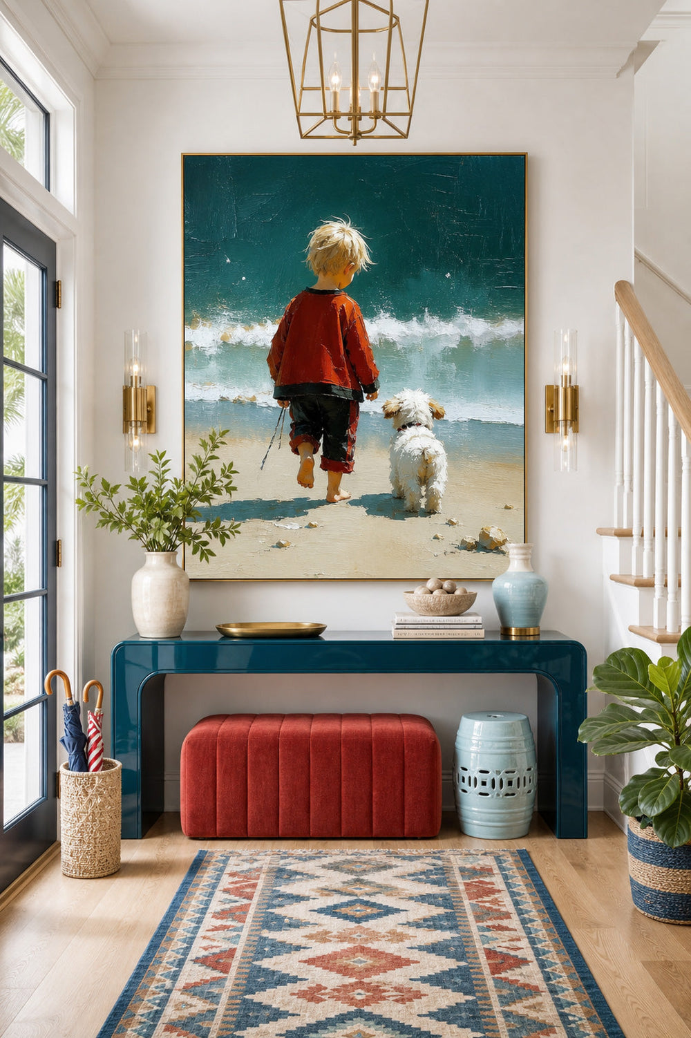 Impressionist Style Child And Dog Beach Painting Original Oil Art For Living Room Decor