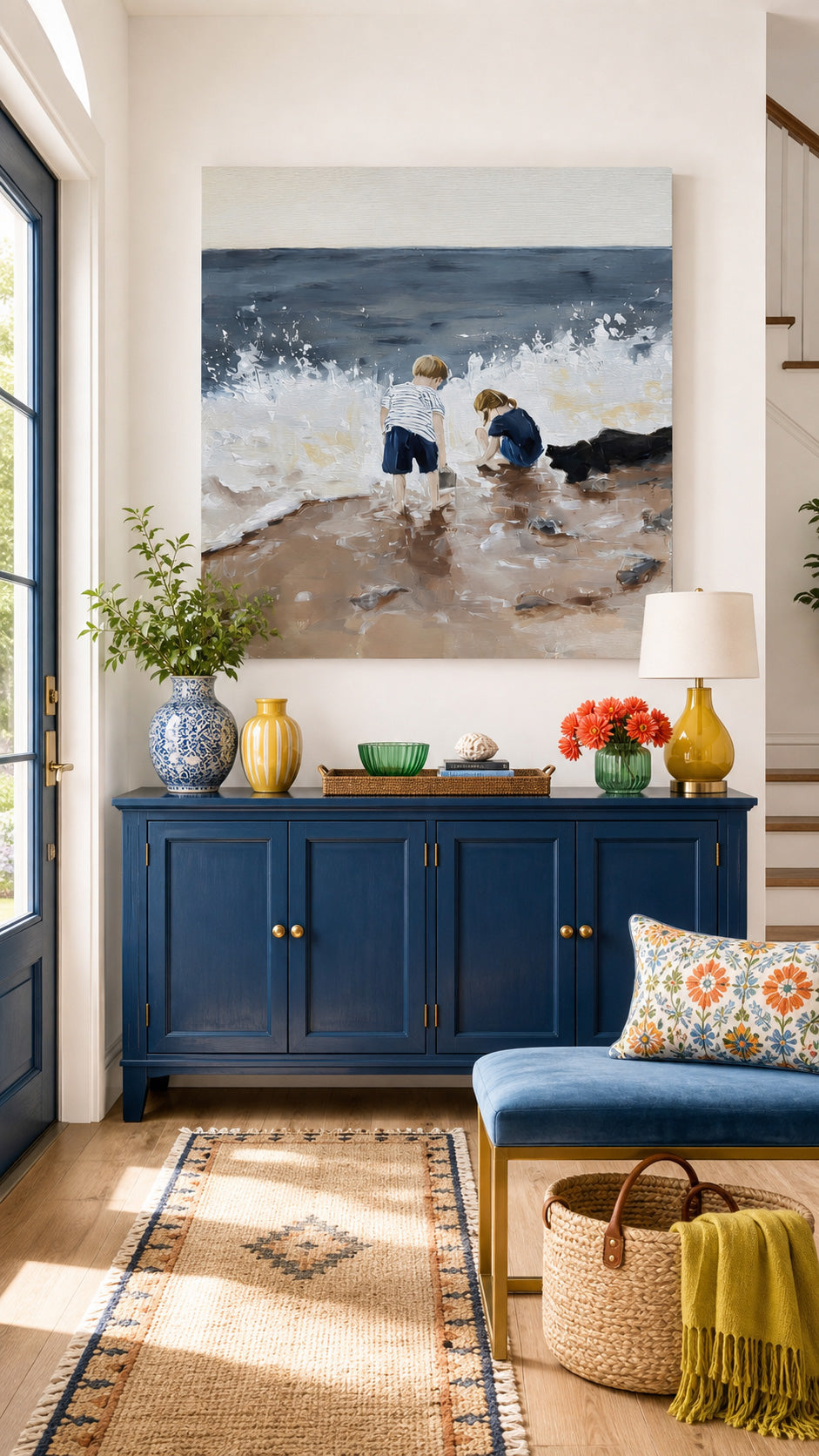Children Playing At Beach Square Oil Painting For Living Room Decor With Textured Waves And Sand
