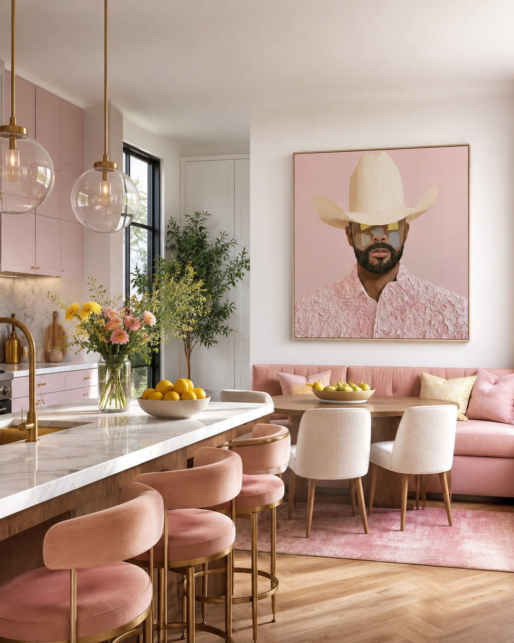Modern Cowboy Portrait Pink Textured Canvas Art For Living Room Decor
