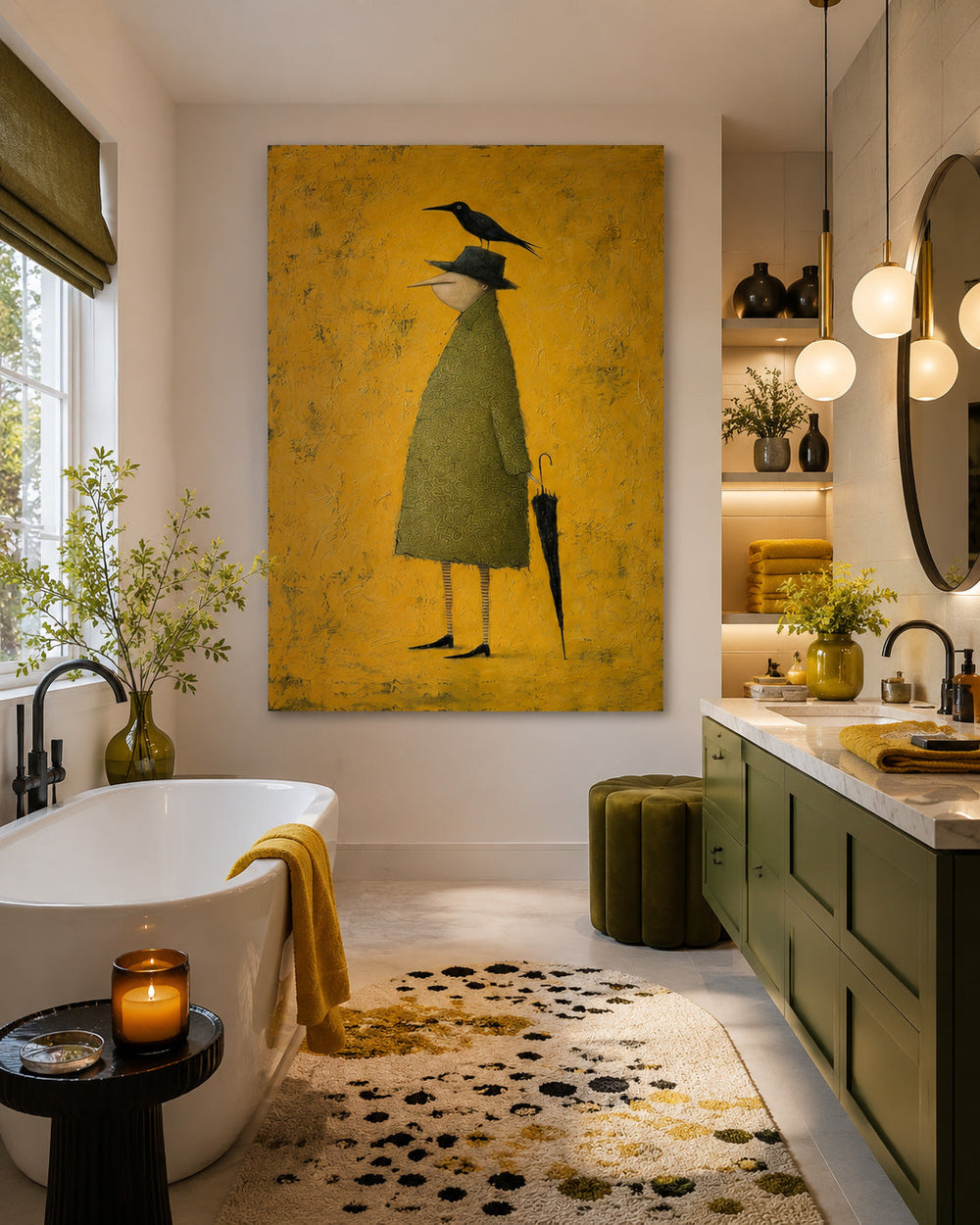 Original Figurative Art Of Man With Crow And Umbrella In Abstract Style For Unique Home Decoration