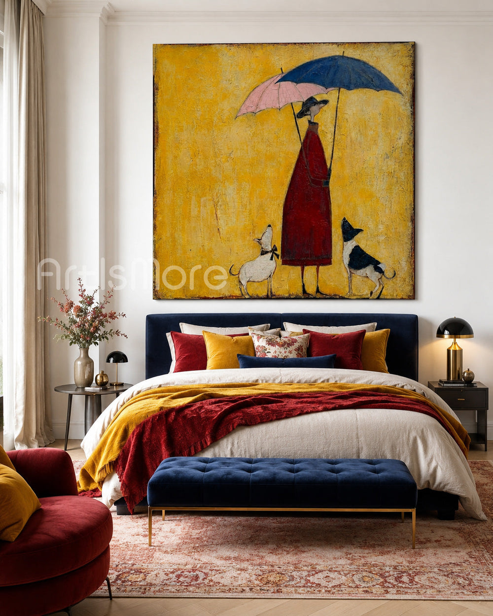 Whimsical Lady With Dogs Under Umbrellas Square Canvas Art For Living Room Decor