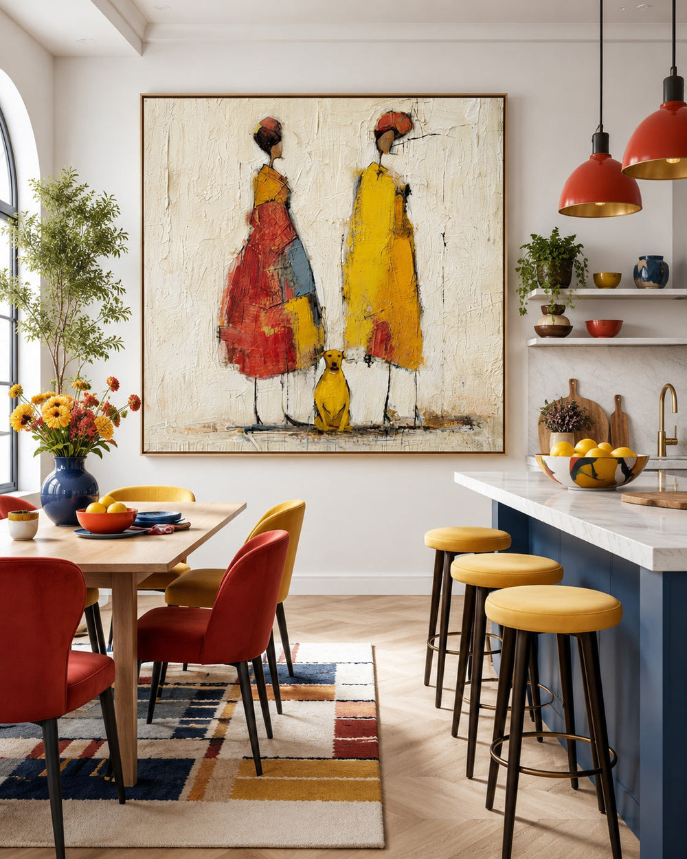 Abstract People Painting With Dog Warm Tones Textured Canvas Wall Art For Living Room Decor