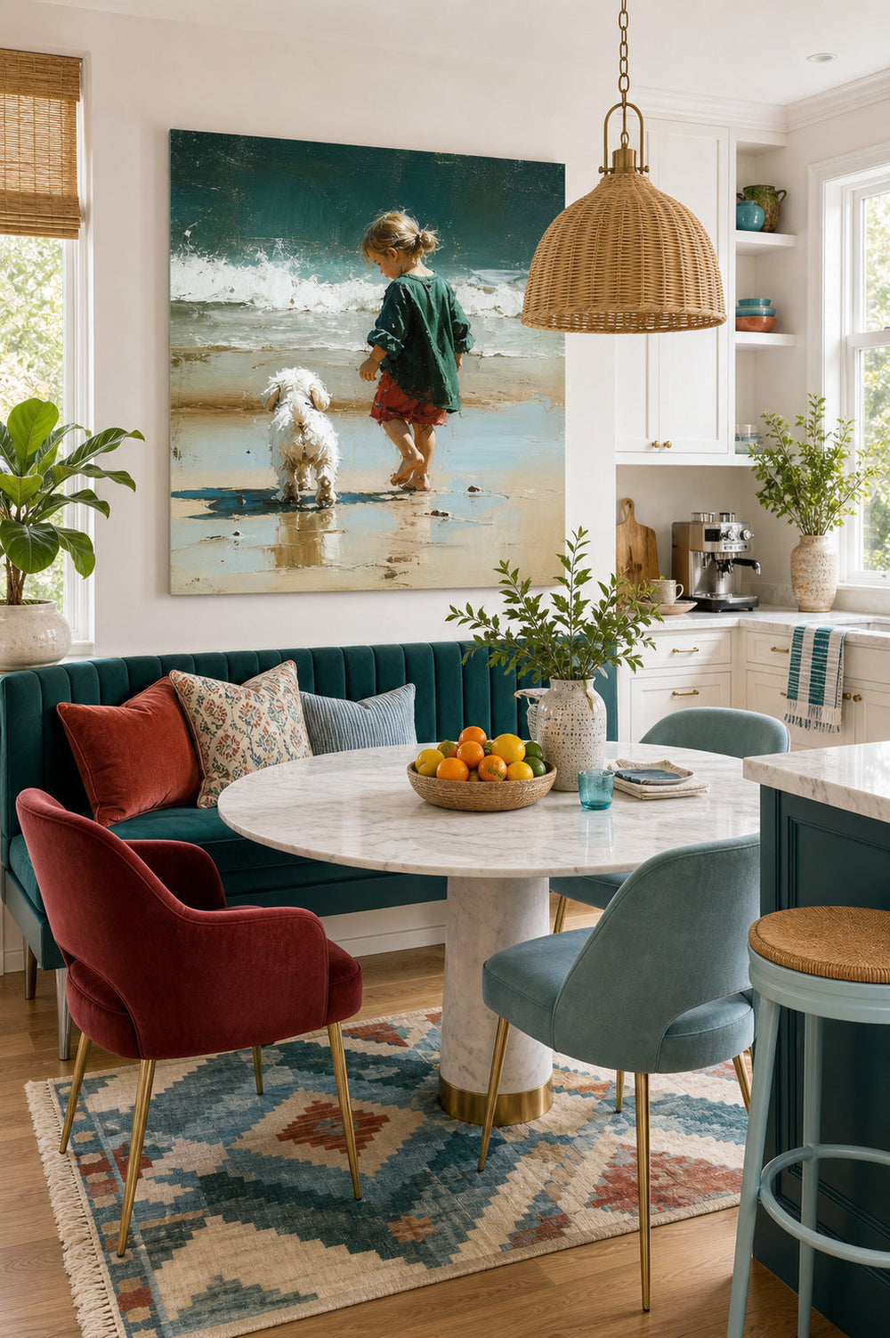 Textured Impressionist Beach Scene With Child And Pet Square Wall Art