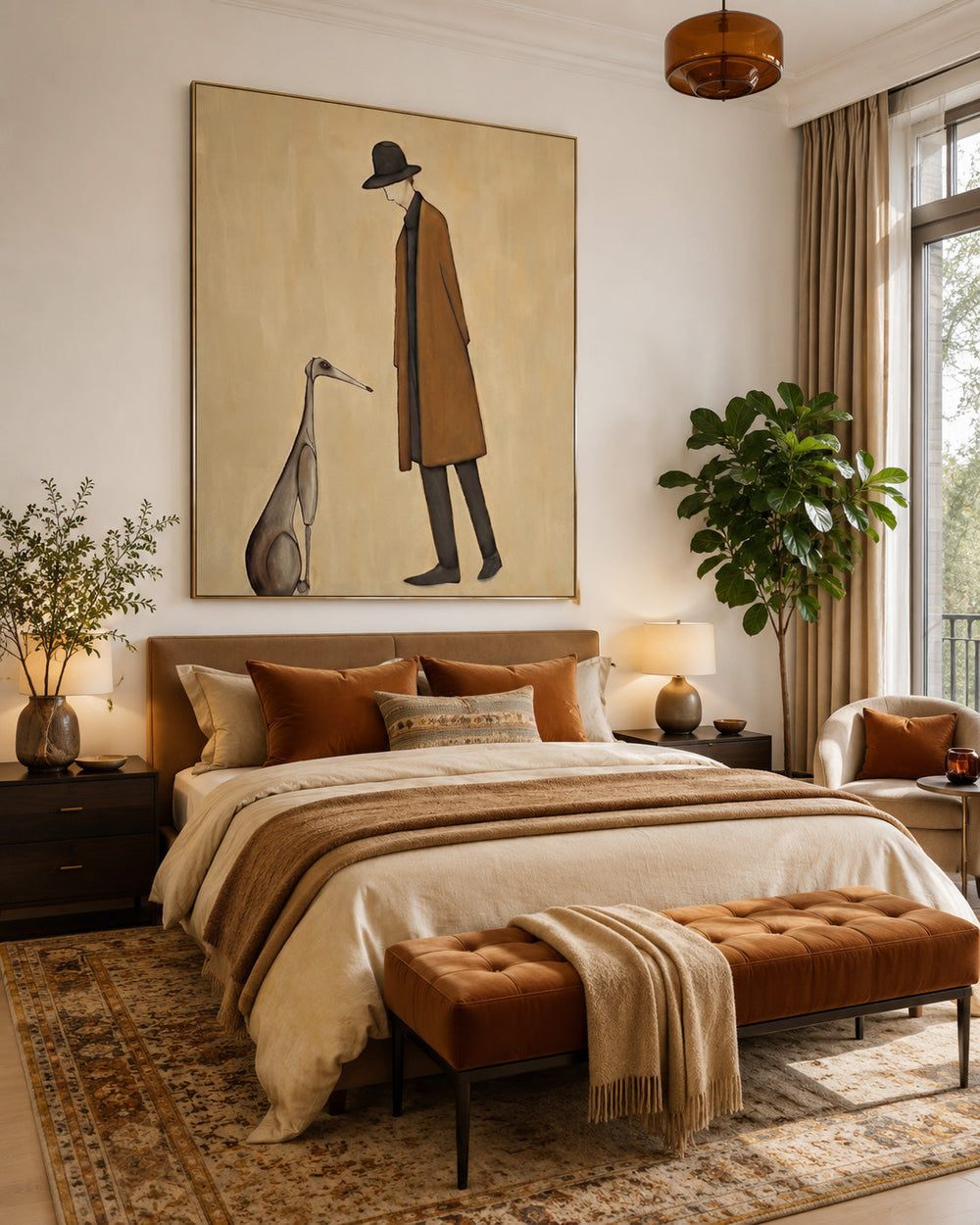 Modern Minimalist Painting Of Man With Dog For Living Room Decor