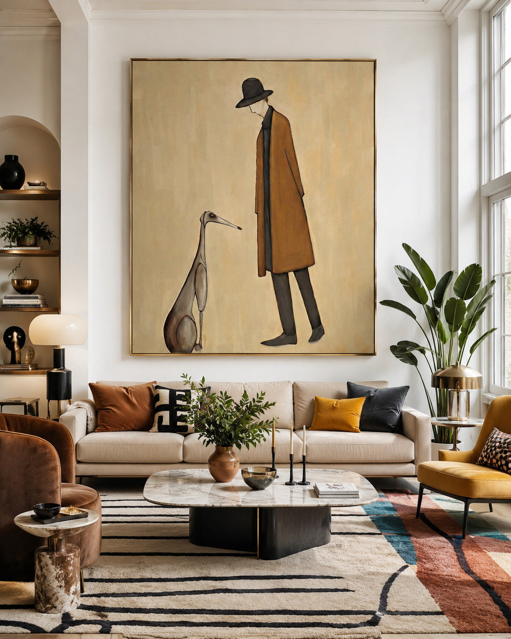 Modern Minimalist Painting Of Man With Dog For Living Room Decor