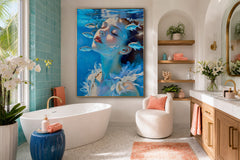 Modern Surreal Female Portrait Painting In Blue Tones For Living Room Accent Wall