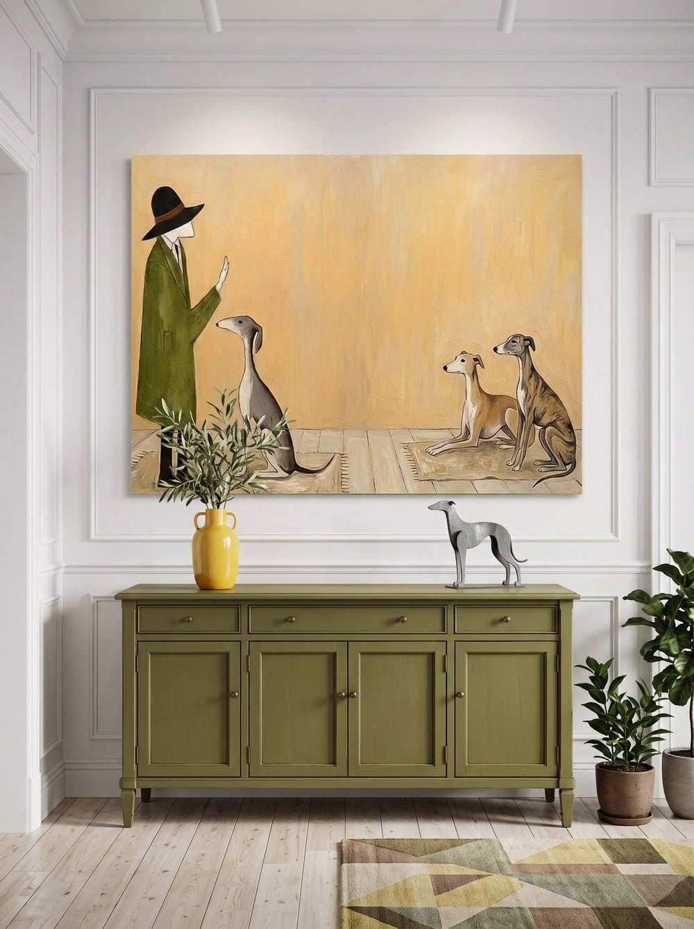 Whimsical Greyhound Art Print Featuring Gentleman And Dogs