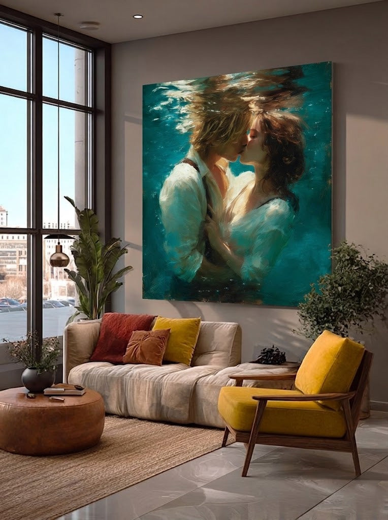 Underwater Lovers Original Oil Painting Square Canvas Romantic Sea Art For Modern Home Decor