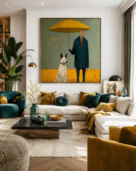 Retro Style Man And Dog Oil Painting Textured Canvas Art For Eclectic Home Decor