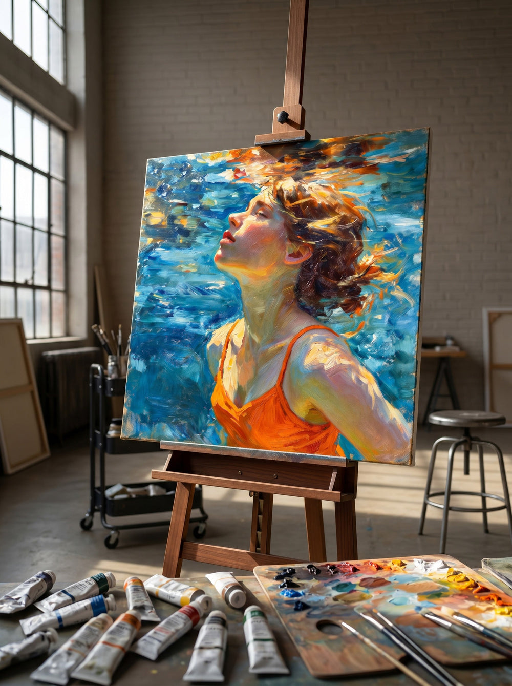 Serene Woman Swimming In Blue Water Original Oil Painting For Modern Home Decor