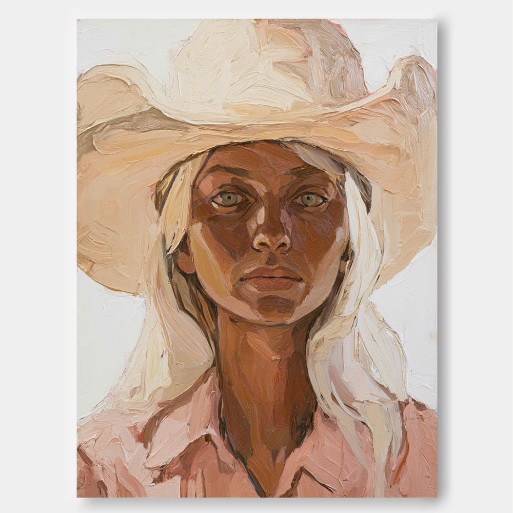 Modern Woman Portrait Painting With Warm Beige Tones For Living Room Decor