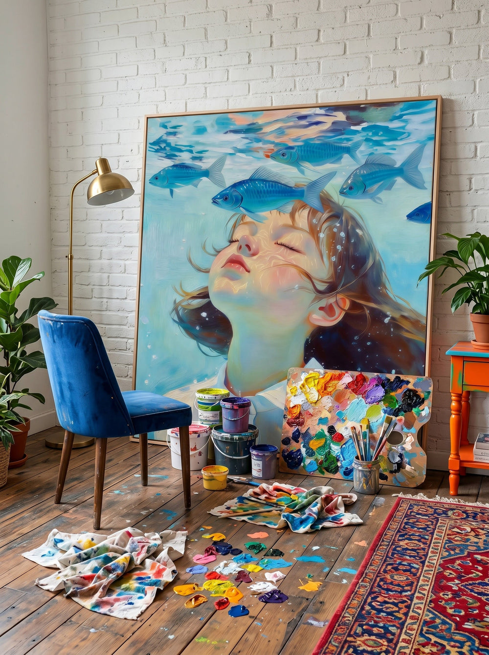 Hand Painted Square Canvas Art Girl Swimming With Fish Contemporary Interior Design