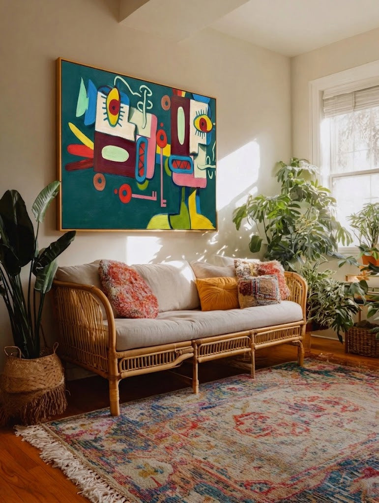 Quirky Abstract People Painting With Colorful Geometric Shapes For Modern Home Decor