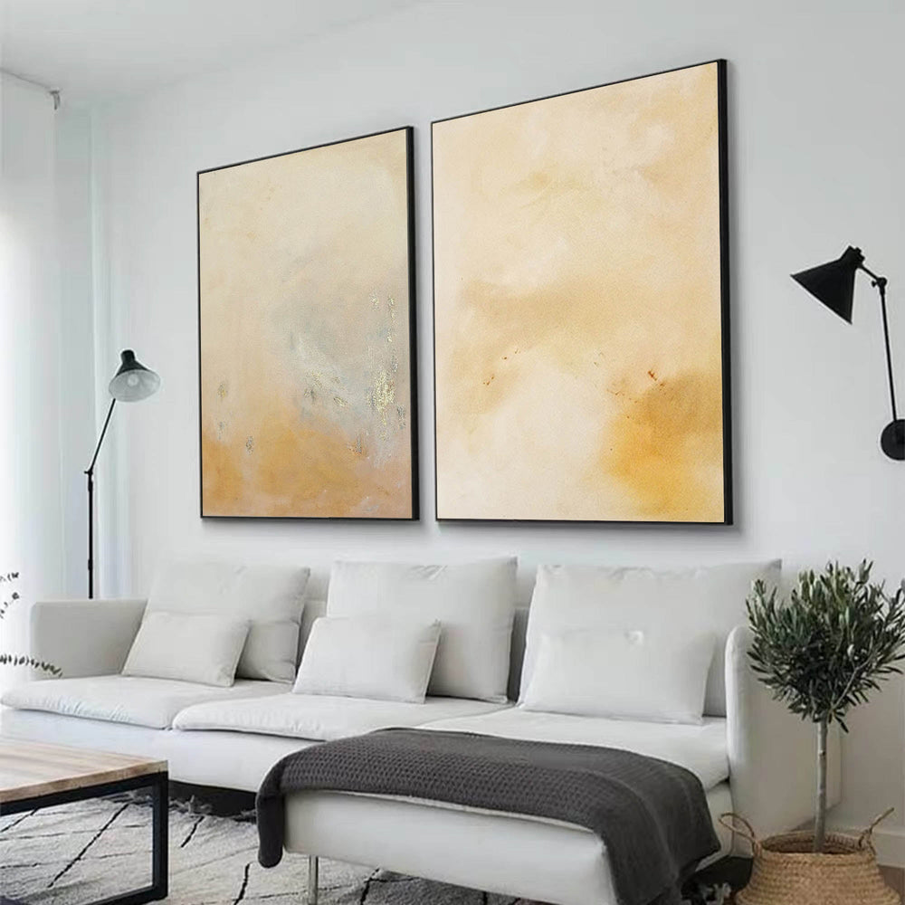 Set of 2 Yellow Minimalist Abstract Oil Paintings Contemporary Canvas Wall Art For Living Room