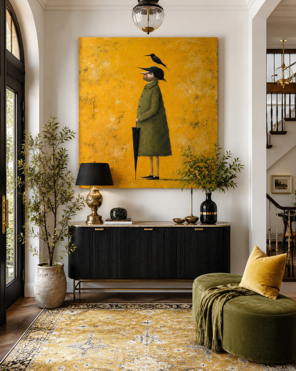 Quirky Character Art With Umbrella Minimalist Style Painting For Eclectic Interior