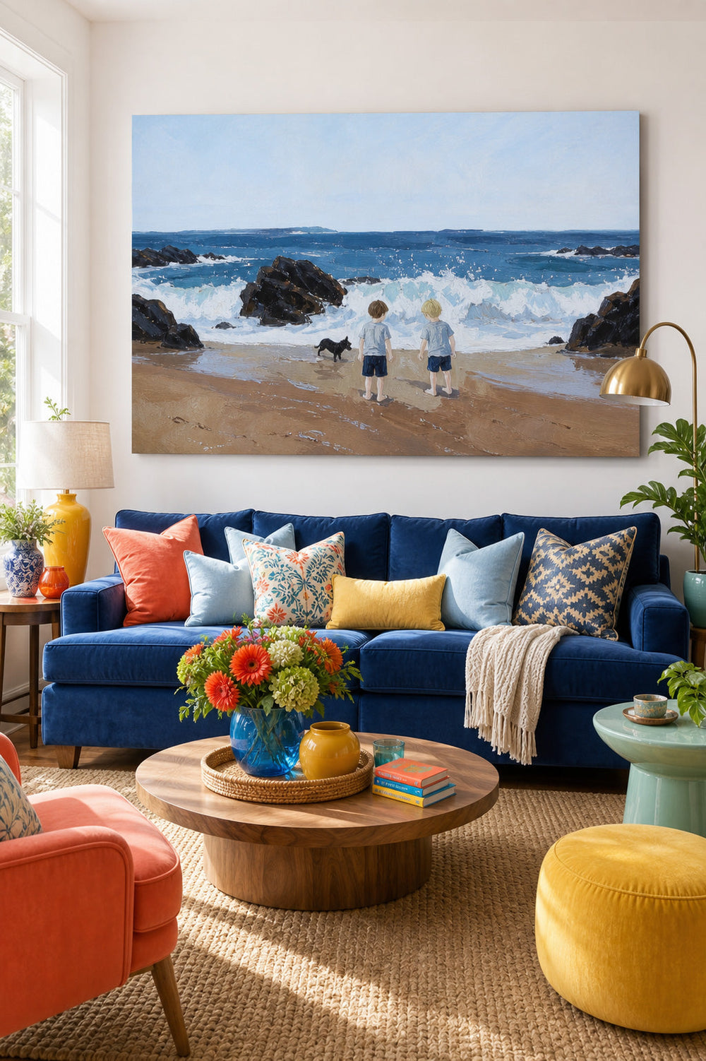 Hand Painted Beach Scene With Children And Pet Dog Nostalgic Family Wall Art