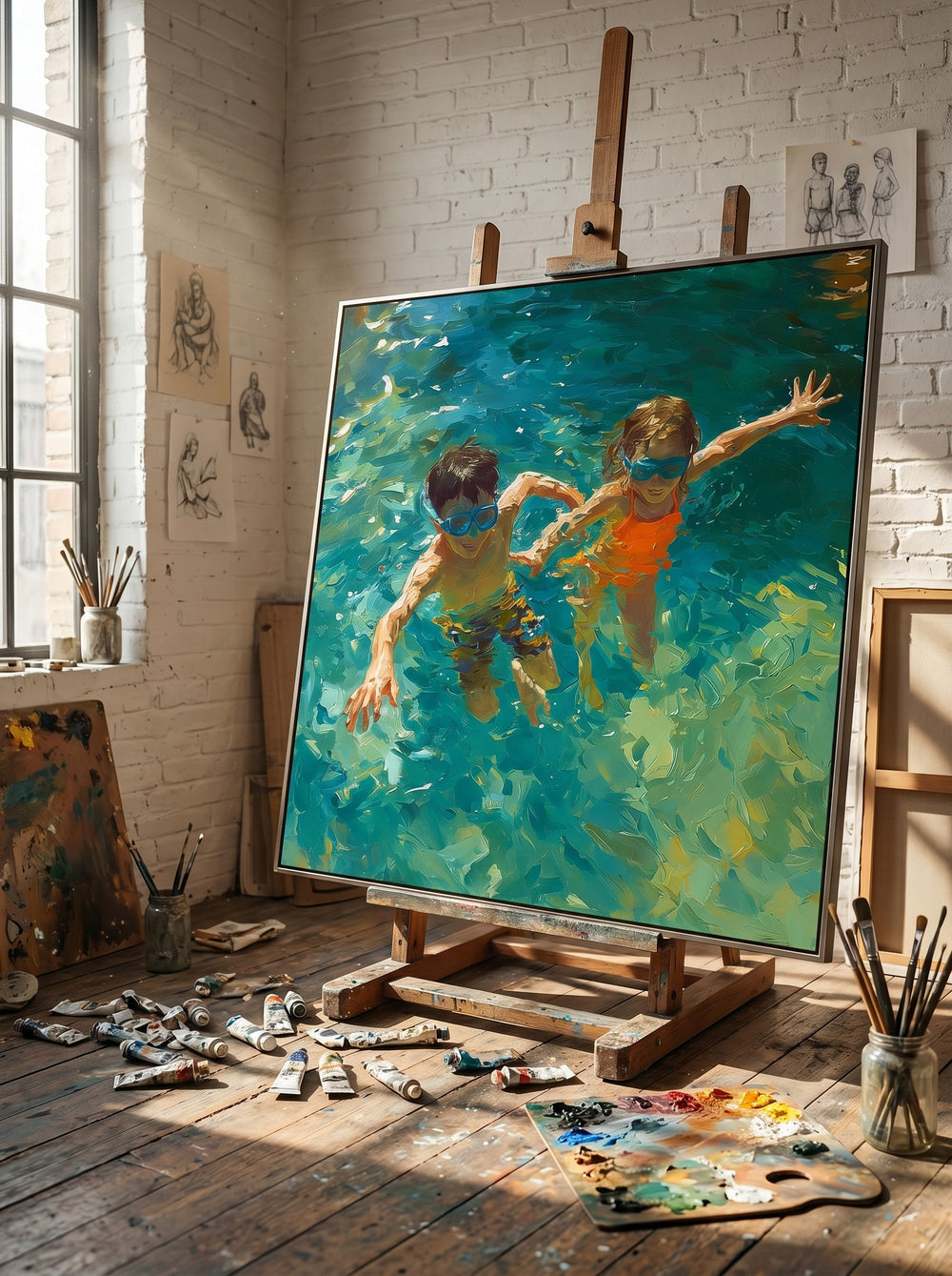 Vibrant Kids Swimming Oil Painting For Modern Family Living Room Decor