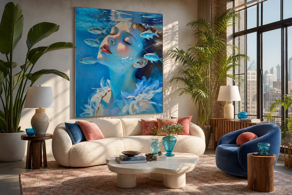 Modern Surreal Female Portrait Painting In Blue Tones For Living Room Accent Wall