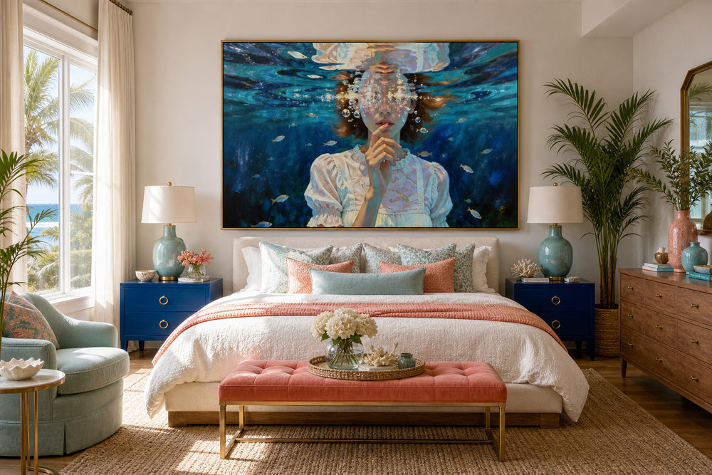 Expressive Oil Painting Of A Girl Submerged In Blue Water With Delicate Brushstrokes