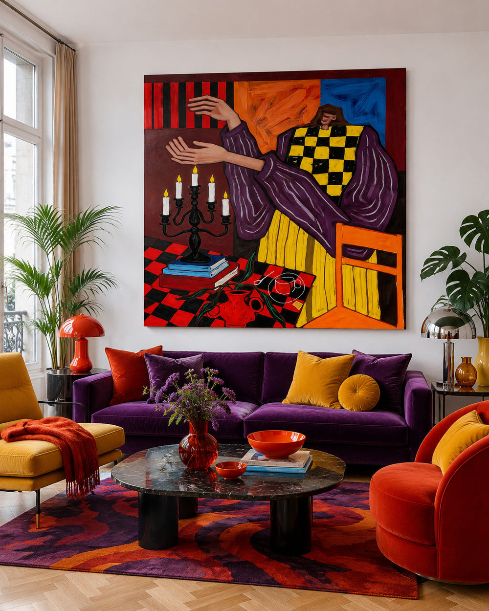 Bold Pop Art Portrait Painting With Red And Yellow Checks For Modern Living Room Decor