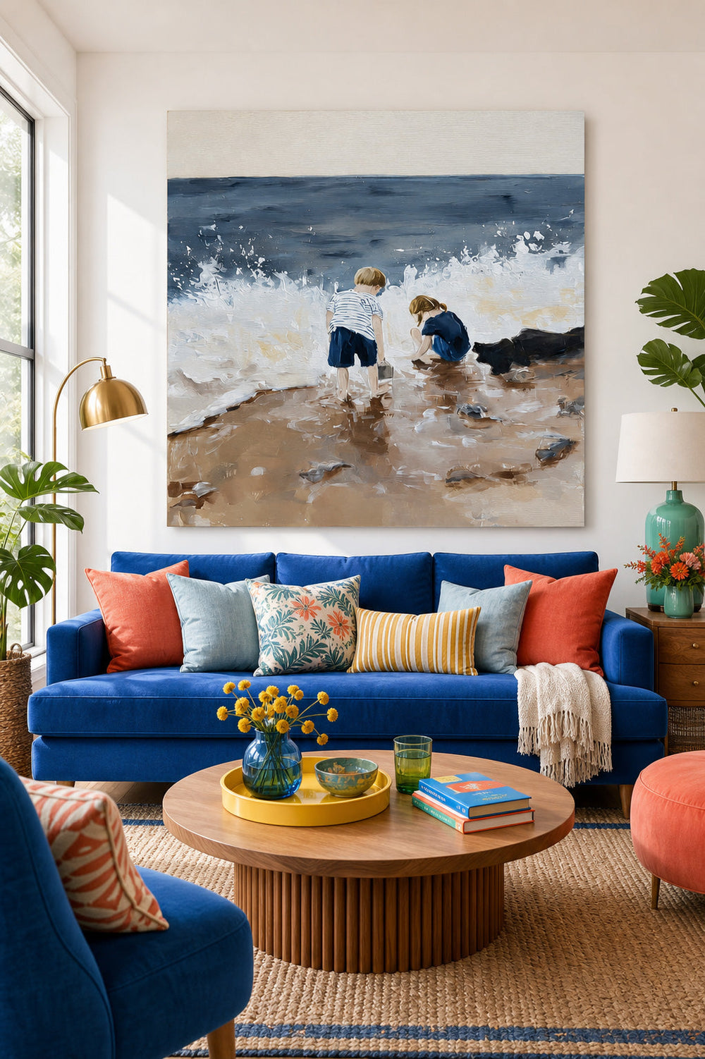 Children Playing At Beach Square Oil Painting For Living Room Decor With Textured Waves And Sand