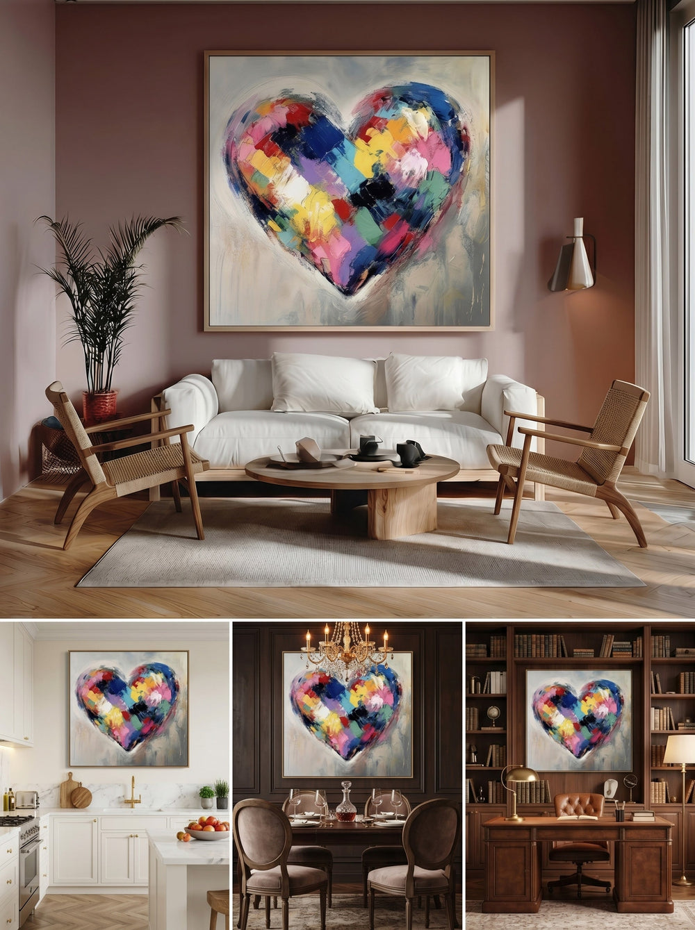 Textured Canvas Art With Geometric Heart Design Original Oil Painting