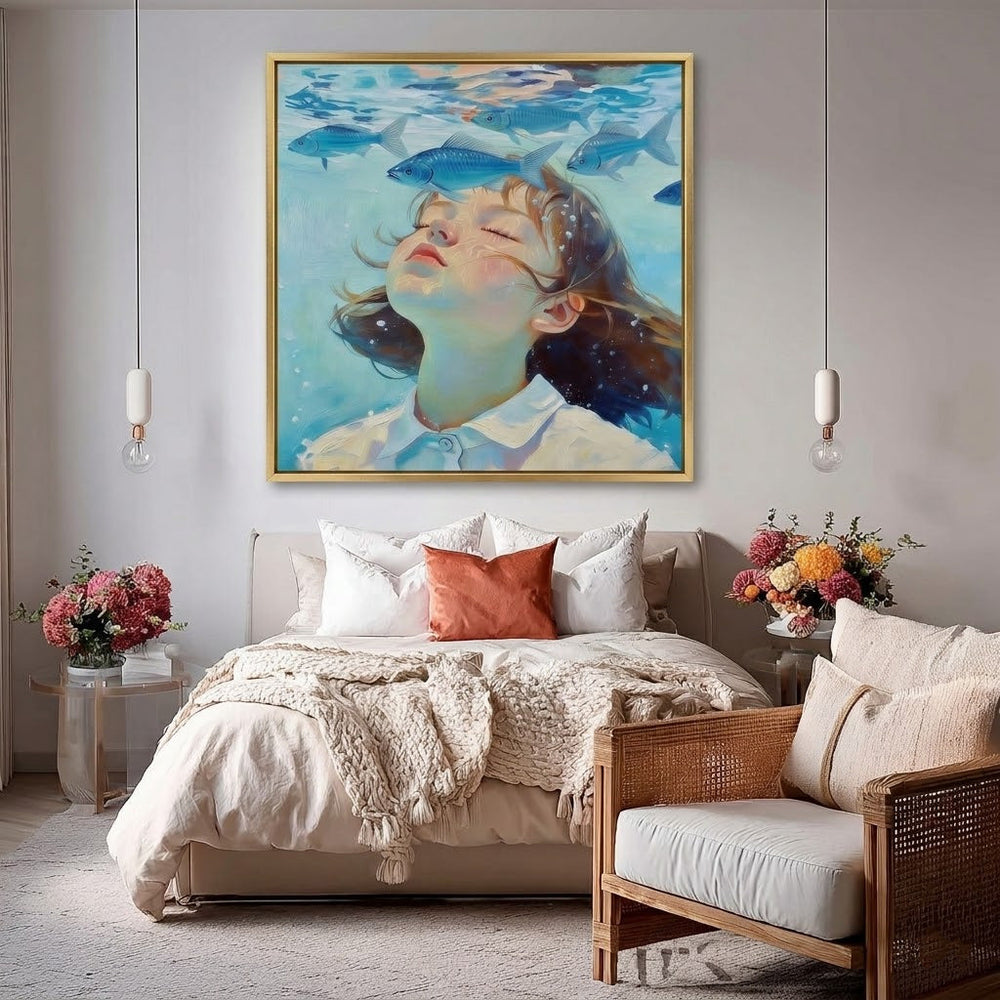 Hand Painted Square Canvas Art Girl Swimming With Fish Contemporary Interior Design