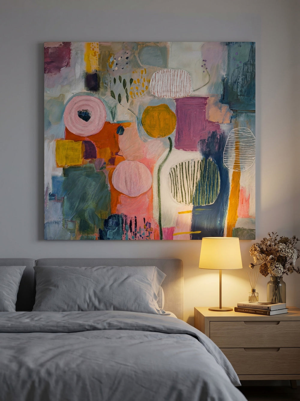 Original Hand Painted Abstract Art On Linen Canvas With Expressive Texture And Whimsical Design For Home Office