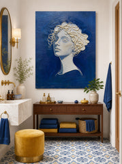 Modern Blue And Gold Line Art Portrait Painting For Living Room Decor