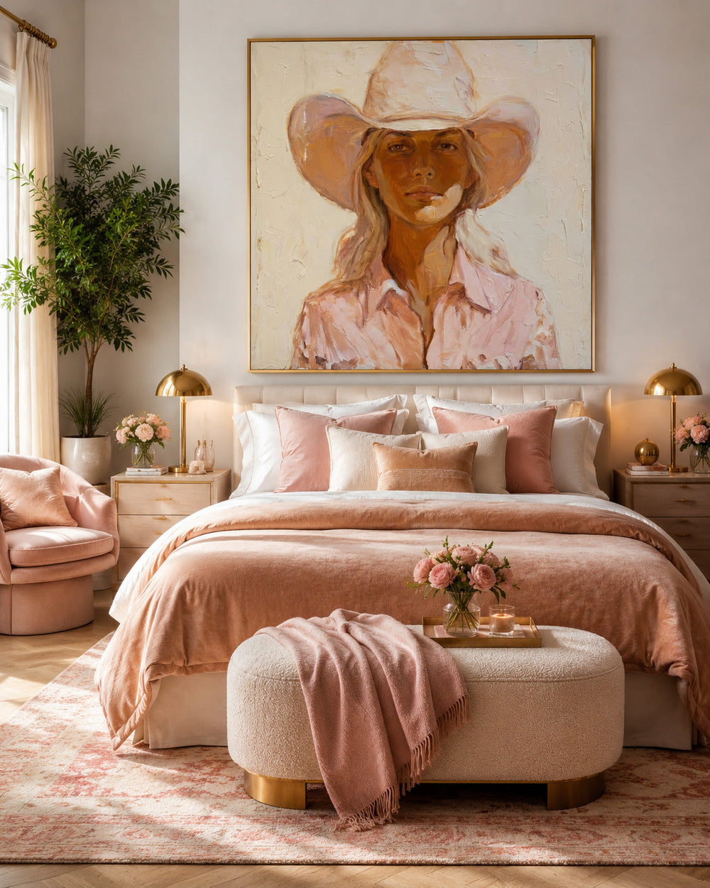 Modern Cowgirl Portrait Painting In Warm Earth Tones For Living Room Decor